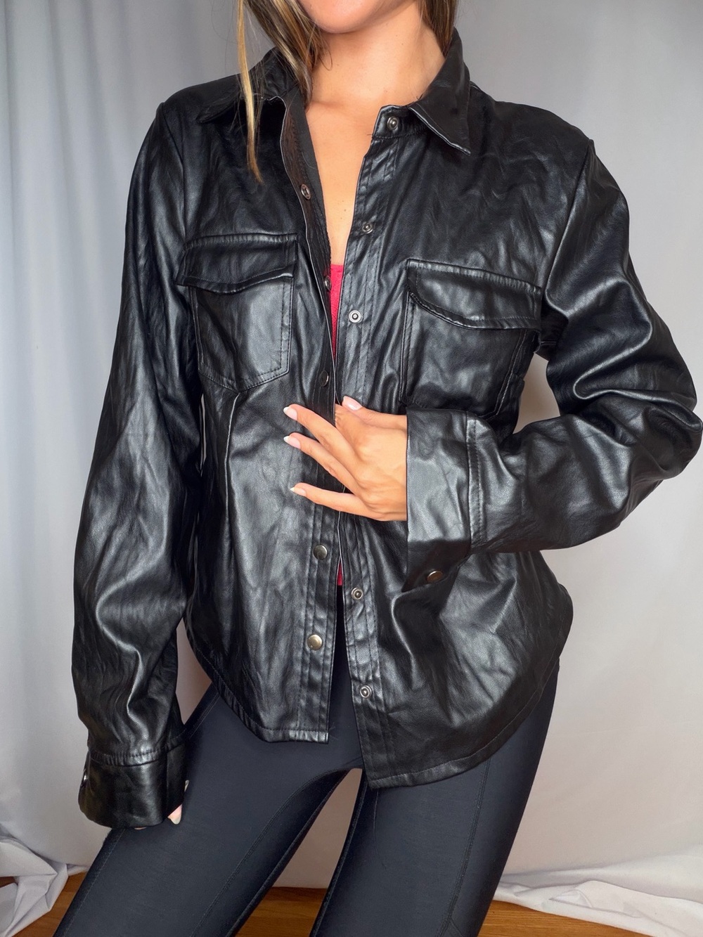 Black faux  Leather Button-Front Shirt Jacket - Women